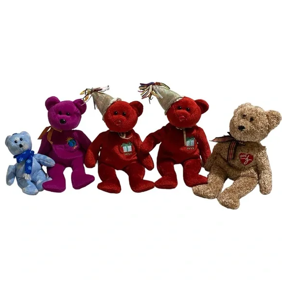 5 lot of Beanie Babies July, Millenium, 2002 Signature Bear, 1999 Holiday Bear - Picture 1 of 6